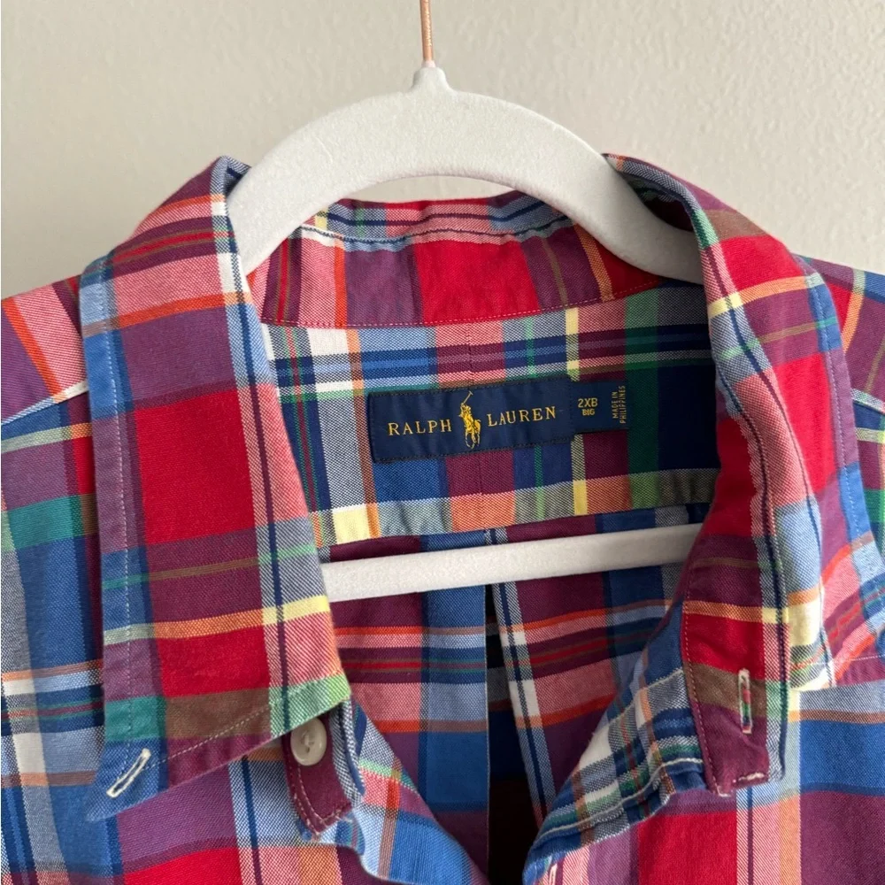 Ralph Lauren Men's Sz 2X Red Blue Plaid Classic Oxford Shirt 100%‎ Cotton